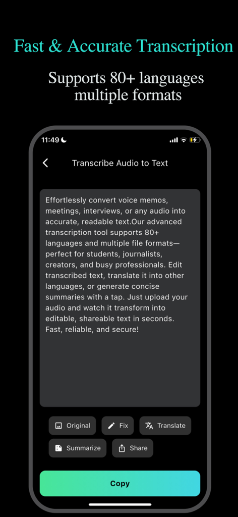 Voice Morph AI: Voice Studio - Smartphone screen displaying the Voice Morph AI transcription tool with options to translate and summarize audio.