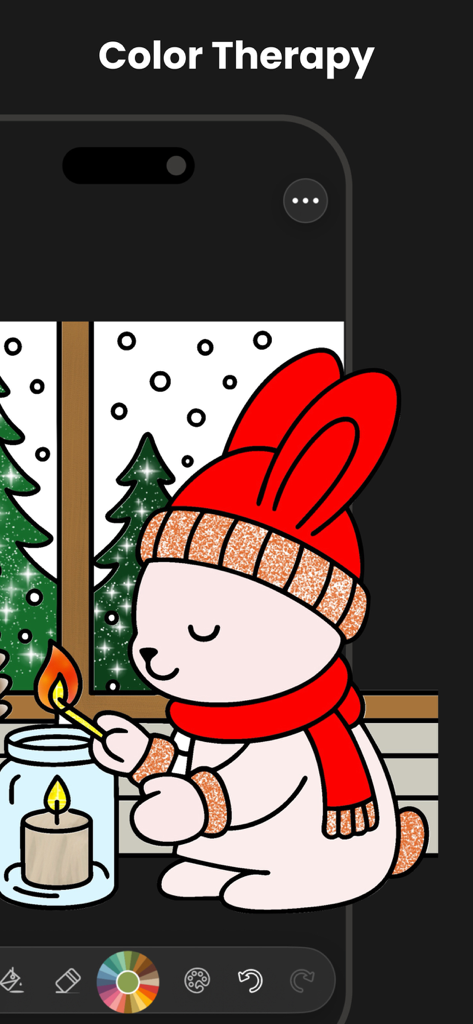 Adult Coloring Book - Hue - A cute rabbit illustration being colored in the Hue adult coloring app under the heading Color Therapy.