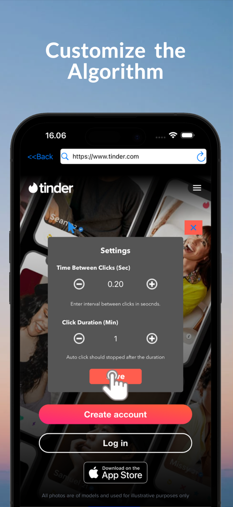 Auto Clicker: Auto Tapper Pro - Auto Clicker app interface showing click interval and duration settings for Tinder swipe automation