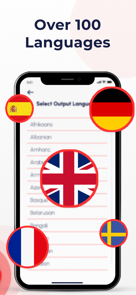 PDF Translate Pro - Schermata mobile di PDF Translate Pro che mostra un elenco di oltre 100 lingue supportate con icone di bandiere nazionali.