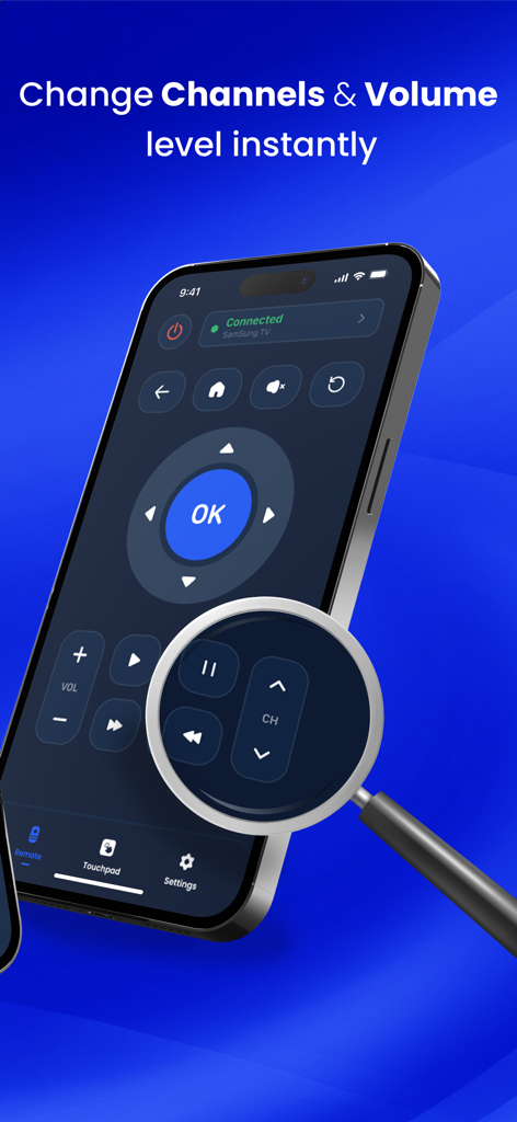 SamMate: Remote for Samsung TV - Interfaz de la aplicación SamMate mostrando los controles de volumen y canales para el control remoto de TV Samsung