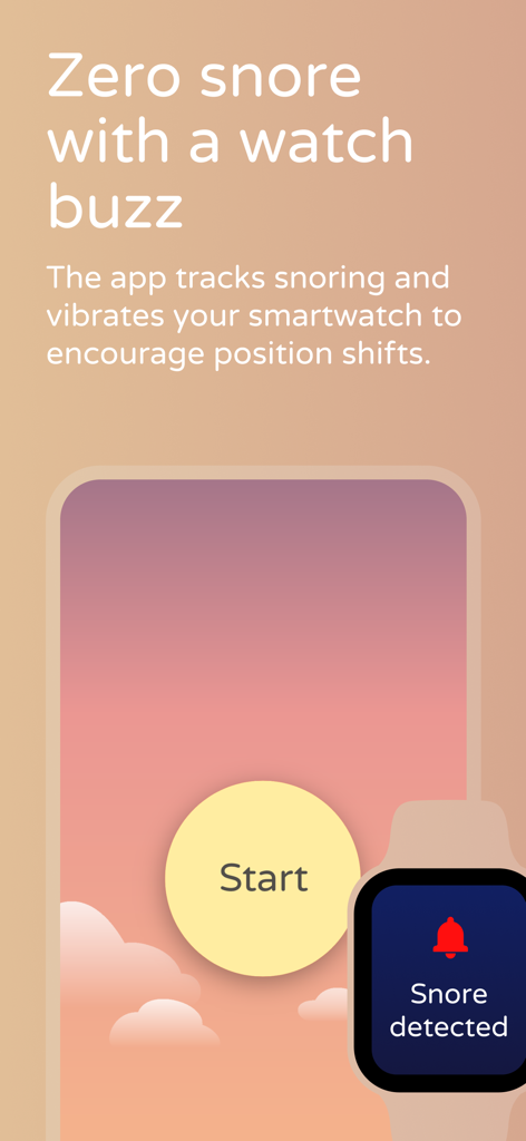 Koala Nap: Stop Snoring Now - Interface of Koala Nap app showing snore detection notification on an Apple Watch and start button on a smartphone.