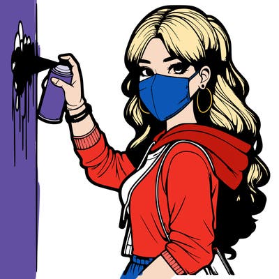 realistic girl with mask spray painting a wall