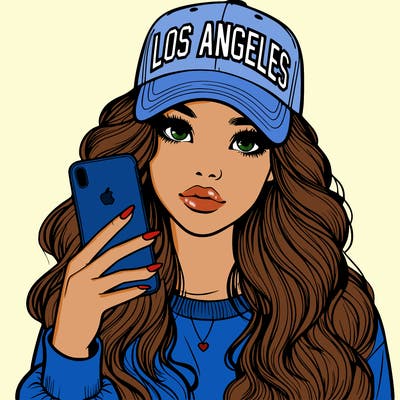 realistic beautiful girl wearing los ángeles cap holding an iphone