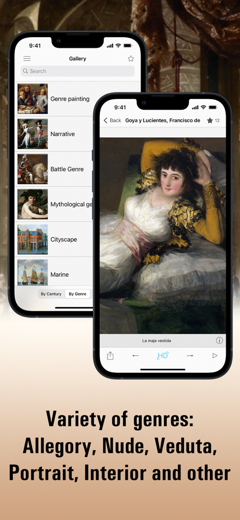 Prado Museum HD - Mobile app interface of Prado Museum HD showing art categories and a high-resolution view of a painting by Goya.