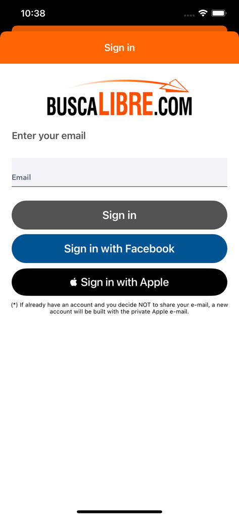 BuscaLibre - Sign in screen of the BuscaLibre app featuring email Facebook and Apple login options