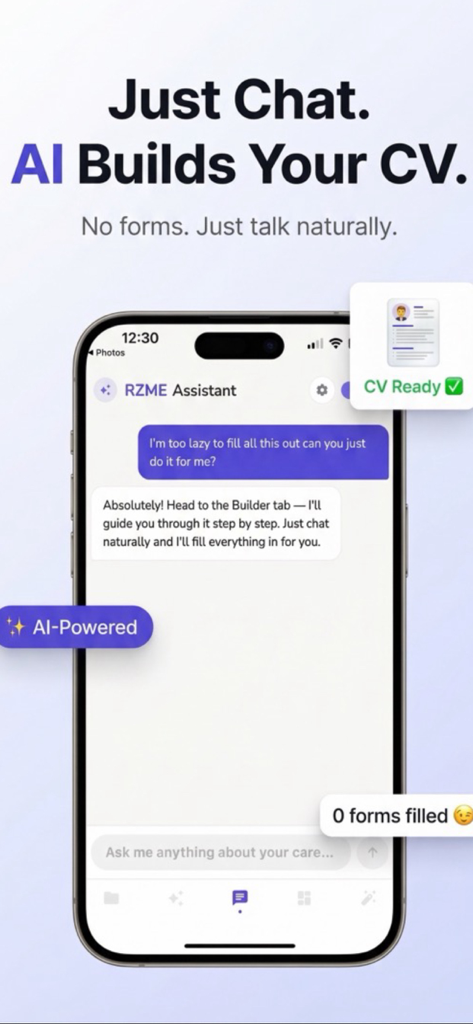 Resume Builder, CV Maker, ATS - RZME AI assistant chat interface for building a professional CV through natural conversation without forms