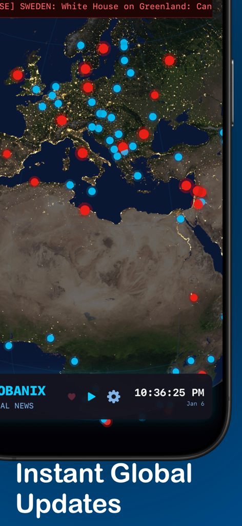 Globanix - Globanix app displaying an interactive map of Europe and Africa with data points representing global news activity.