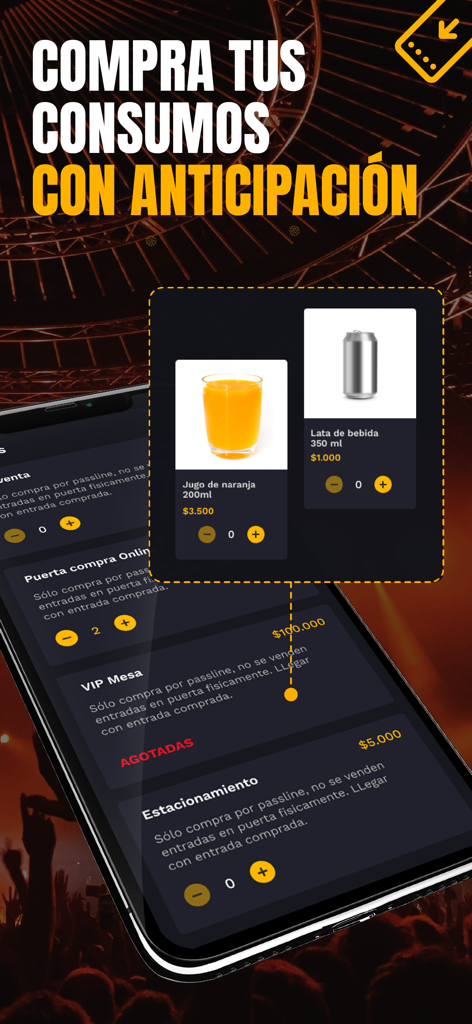 Interface of the Passline app allowing users to buy drinks and event services in advance
