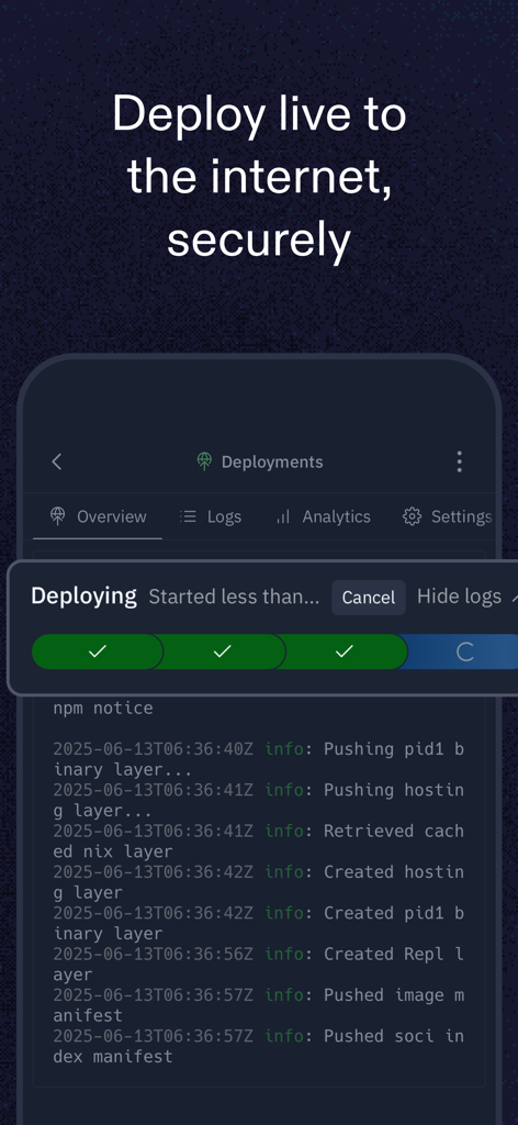 Replit mobile app interface displaying real time deployment logs and status