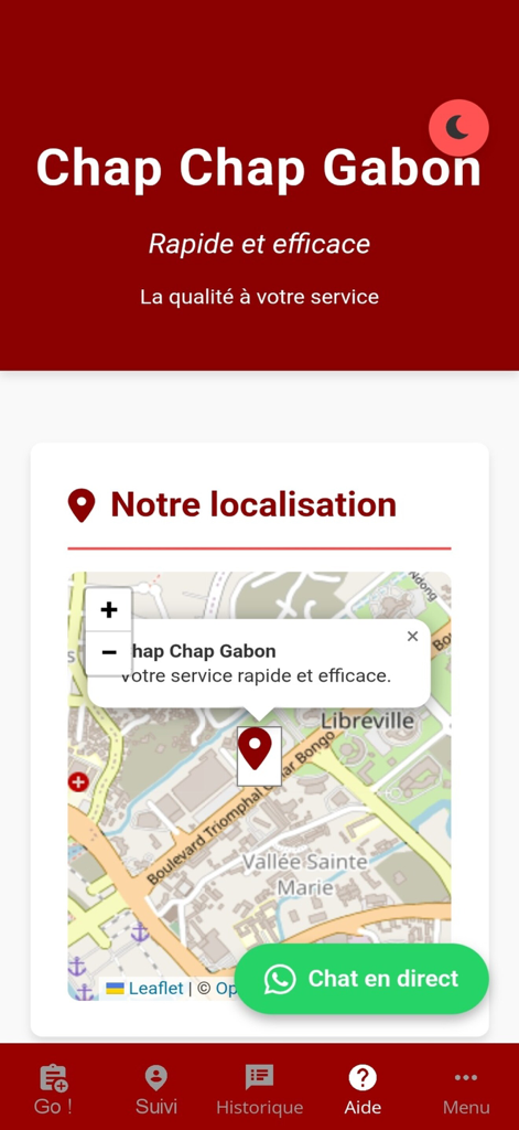 Chap Chap Gabon - Interfaz de la aplicación Chap Chap Gabon mostrando la ubicación del servicio en Libreville en un mapa y un botón de soporte de chat en vivo