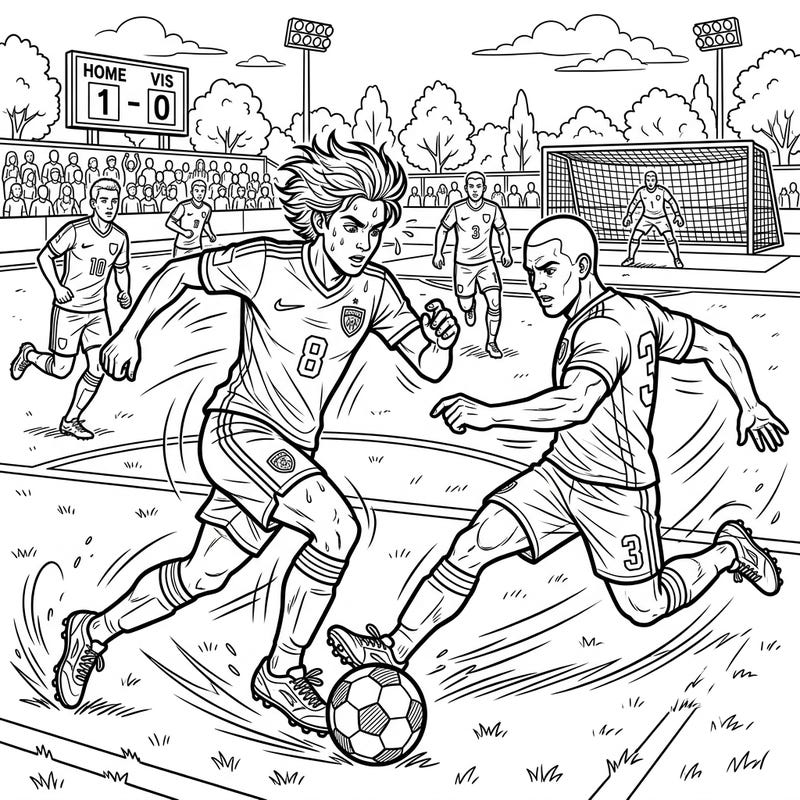 Immerse yourself in the fast-paced world of soccer with this vibrant coloring template. It captures a critical moment of a match, showing players battling intensely for the ball in a detailed stadium scene.