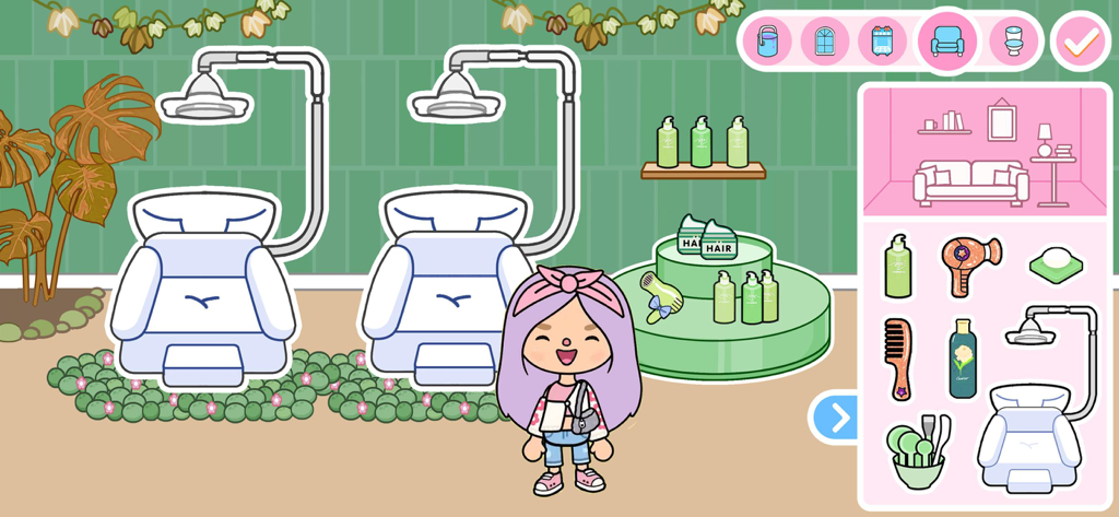 Princess Games Makeup Salon - A character standing in a digital hair salon featuring wash stations and styling products in Princess Games Makeup Salon