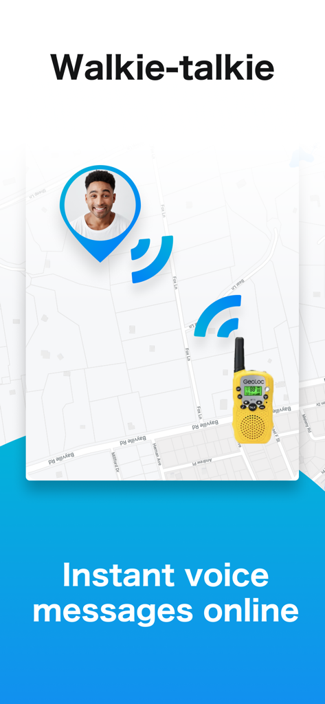 Funzione walkie-talkie dell'app GeoLoc per messaggi vocali istantanei tra i membri della famiglia su una mappa