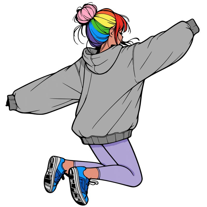realistic girl jumping with a bun and oversized sweatshirt