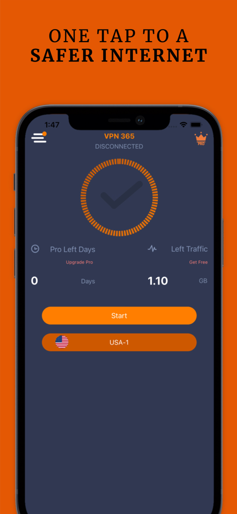 Smartphone screen displaying the VPN 365 app interface with a one tap to a safer internet message and a start button