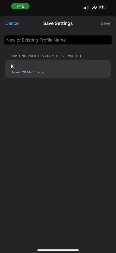 Save settings screen in the Populion app for managing population simulation profiles