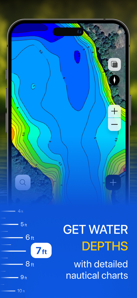 Marlin: Ultimate Fishing App - Marlin fishing app showing detailed nautical charts and water depth maps on a smartphone screen