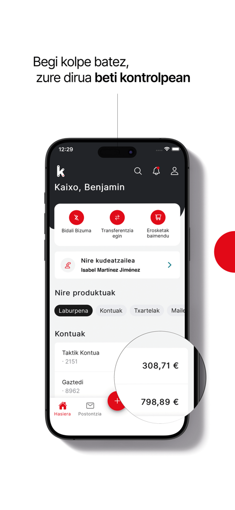 Kutxabank - Kutxabank mobile app dashboard in Basque displaying account balances and financial services