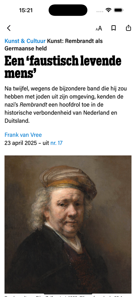 Mobile app interface showing an article about Rembrandt and art history