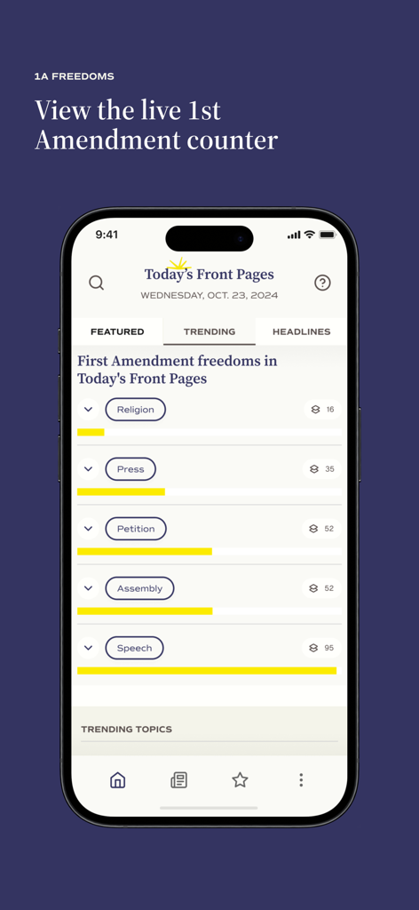 Today's Front Pages - Today's Front Pages app interface showing a live counter for First Amendment freedoms like press and speech.