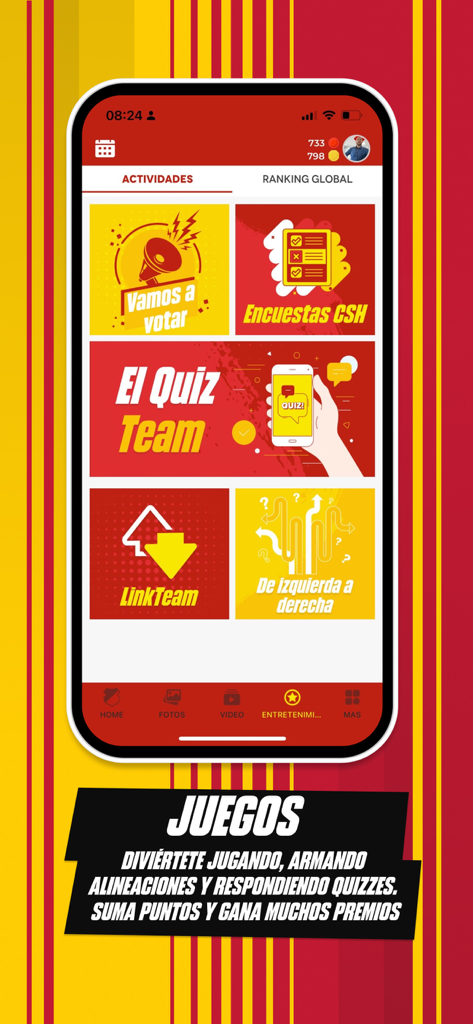 CS Herediano - Interface do app CS Herediano mostrando a seção de jogos e entretenimento com quizzes e pesquisas