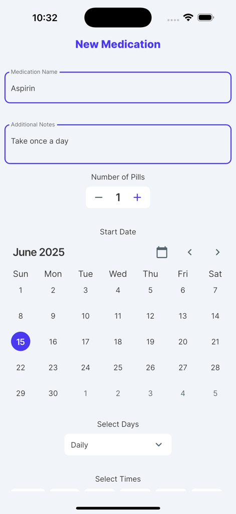 A tela Novo Medicamento do aplicativo Med Manager mostrando campos para nome do medicamento, notas, dosagem e um calendário para selecionar uma data de início.