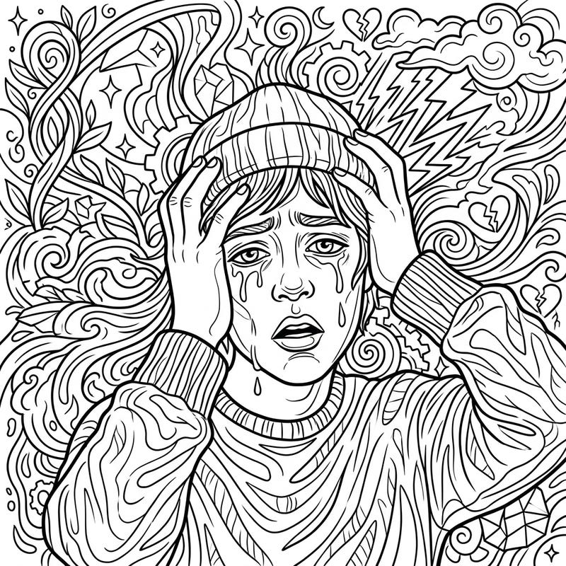 Dive into a powerful coloring experience with this expressive self-portrait, capturing intense emotions and psychological depth. This intricate design offers a profound outlet for creative expression and reflection.