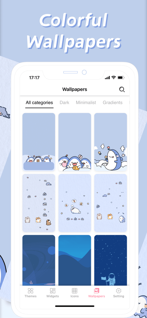 Themes: Color Widgets, Icons - Una galería de fondos de pantalla estéticos azules lindos y fondos minimalistas para la personalización de la pantalla de inicio de iPhone