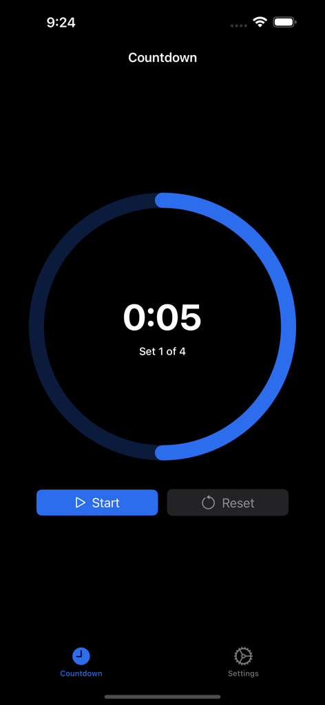 Oft: Fitness Timer - Oft Fitness Timer countdown interface showing a 5 second timer for the first set