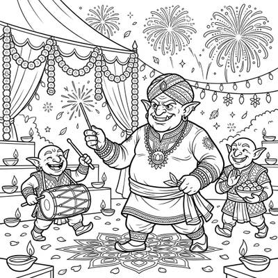 Unleash your creativity with this unique coloring page featuring hobgoblins celebrating the vibrant festival of Diwali. Watch as they light sparklers, play music, and share sweets amidst dazzling fireworks and traditional decor.