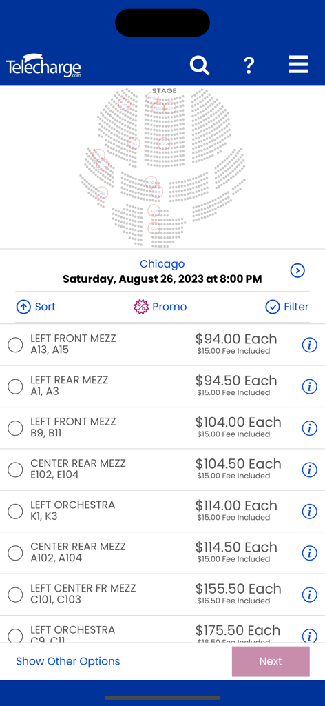 Telecharge app seat selection screen for a Broadway show with seating map and transparent pricing.