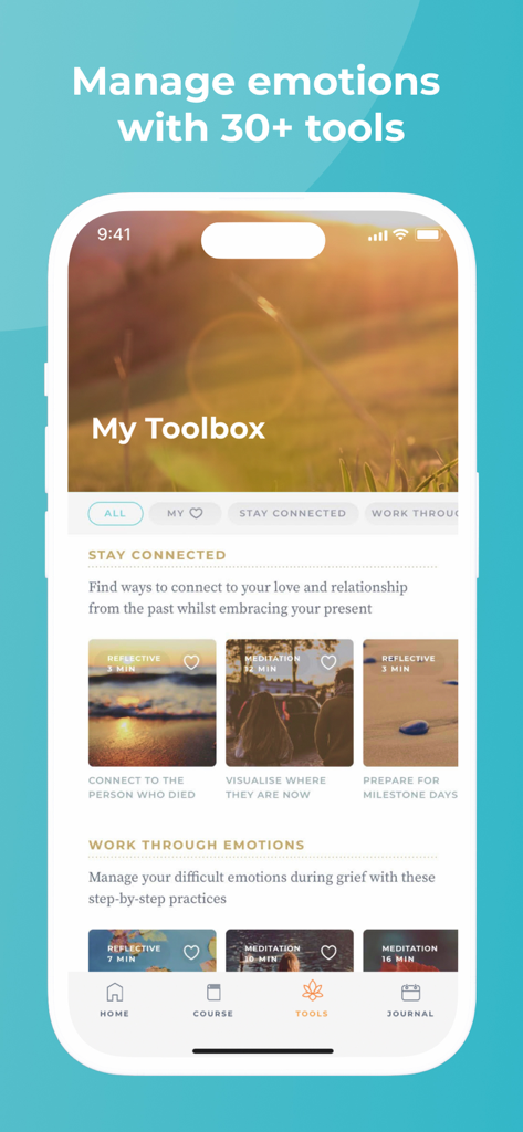 Interface of the Grief Works app showing various emotional support tools including meditations and reflective exercises.