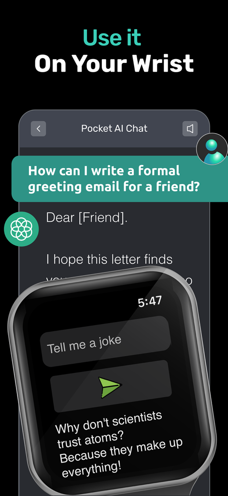 PocketAI chatbot assistant interface shown on an Apple Watch screen displaying a joke response.
