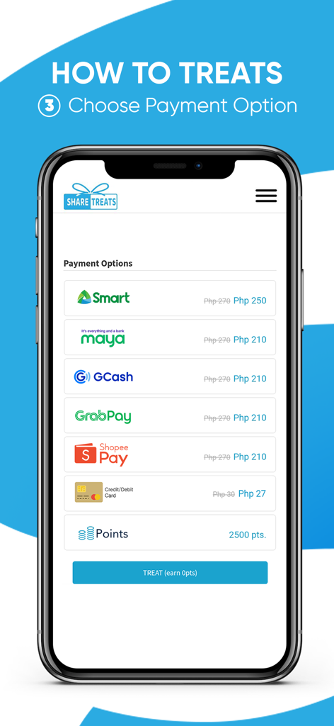 SHARE TREATS - Payment selection screen in Share Treats app showing GCash Maya and GrabPay options
