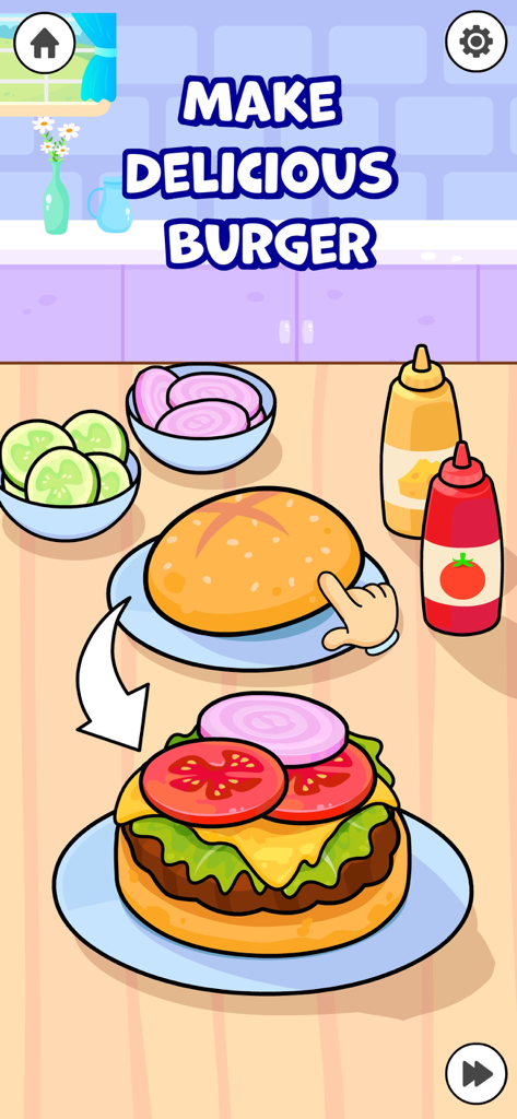 Toddler Cooking Games for Kids - Educational cooking game screen for toddlers showing how to build a hamburger with toppings