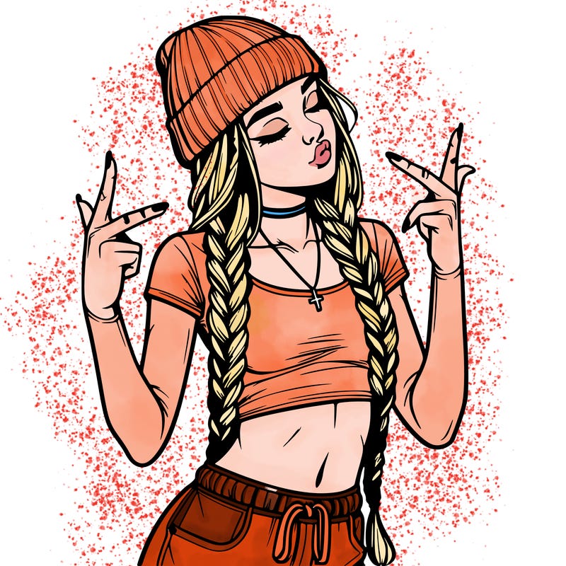 realistic teenage girl with braids and a beanie and crop top doing 🫶🏼
