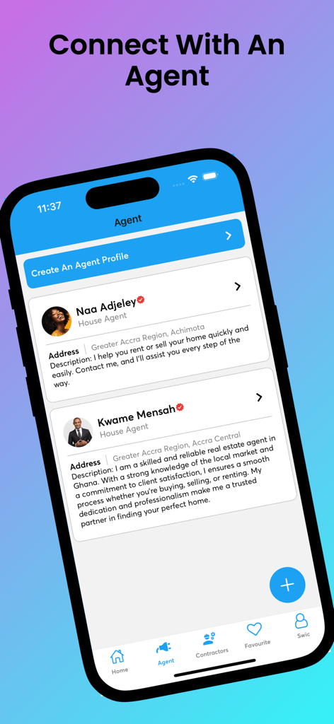 Easy Rent Ghana: Homes & more - Real estate agent directory showing verified agents in Ghana on the Easy Rent app.