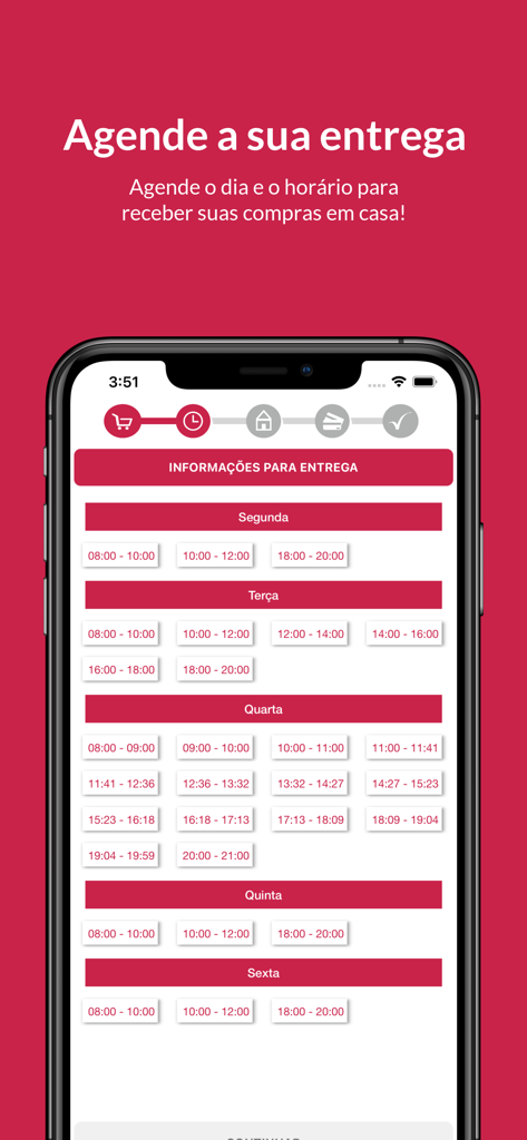 Casa Santa Luzia - Interface of the Casa Santa Luzia mobile app showing options to schedule grocery delivery time slots by day of the week.