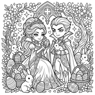 Step into a charmingly dark Easter realm with this unique coloring page, where elegant vampires celebrate the spring season. Discover a delightful scene filled with ornate Easter eggs, playful bunnies, and blooming flowers, ready for your artistic touch.