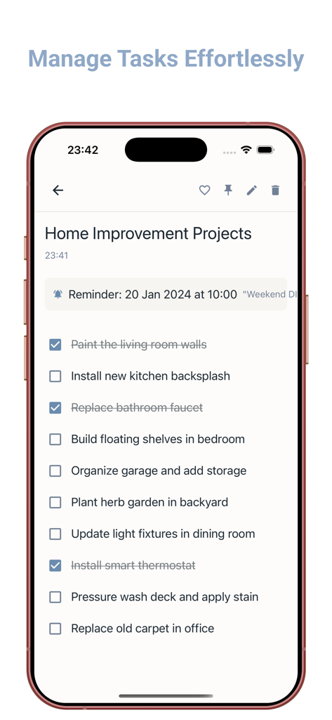 Notes - Notepad, Notebook - Notes app screenshot showing a home improvement checklist with checkboxes and a reminder