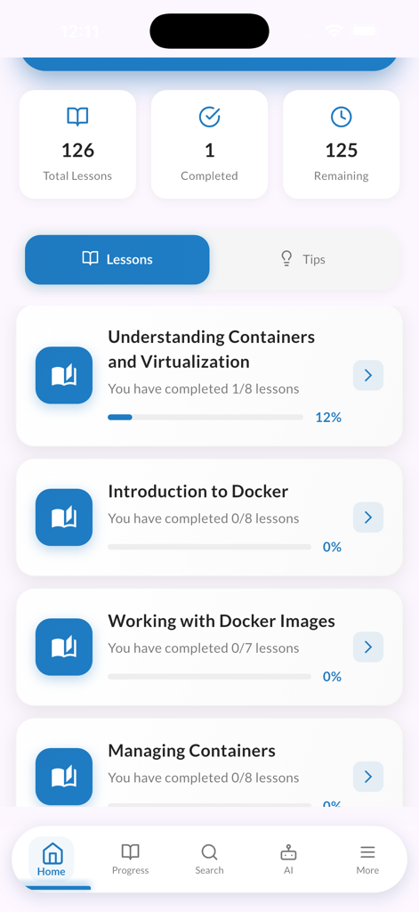 Schermata principale dell'app Learn Docker che mostra moduli di lezione per container e monitoraggio dei progressi DevOps.