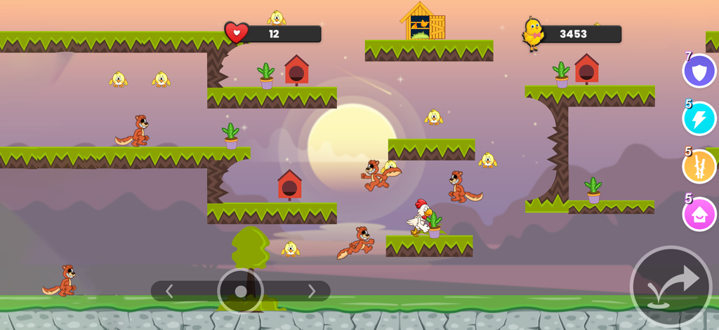 A gameplay screenshot of Flicky Chicky showing a white chicken navigating platforms to rescue small chicks while avoiding brown squirrels.