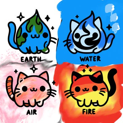 4 cats that represent the different elements, earth, water, air, and fire