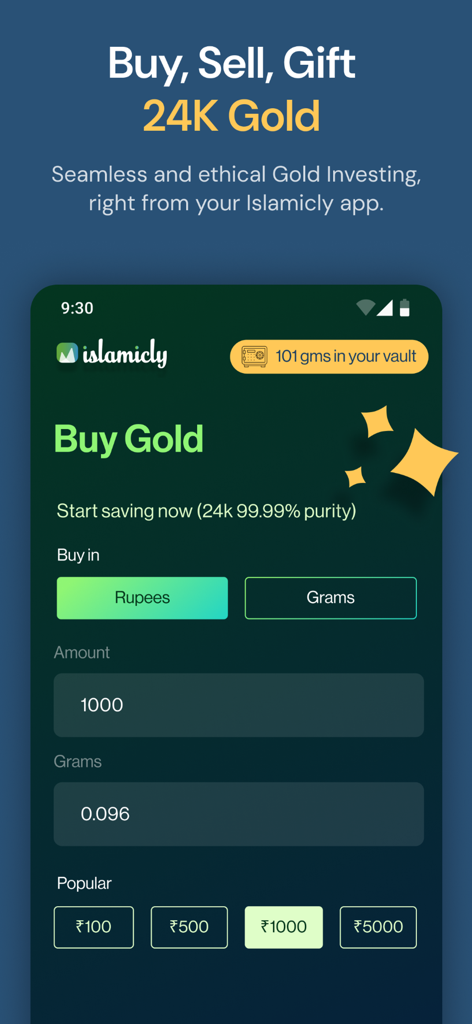 Interfaccia mobile dell'app Islamicly che mostra la schermata Acquista Oro per investimenti in oro halal 24 carati