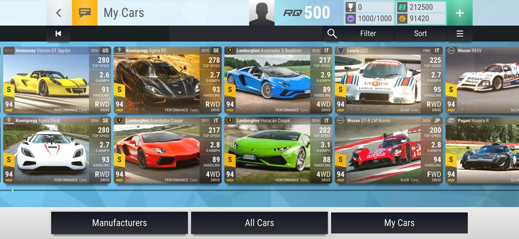 Top Drives - Car Race Battles - Top Drives mobile game screen displaying a virtual garage of licensed supercar cards with technical performance statistics