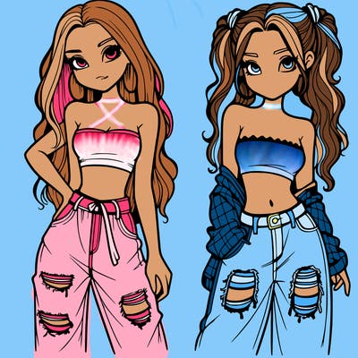 2 girls in crop tops and baggy jeans ripped