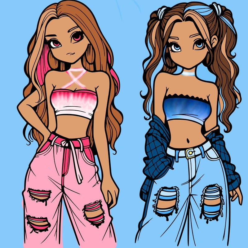 2 girls in crop tops and baggy jeans ripped