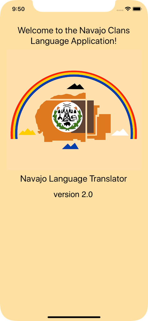 Welcome screen of the Navajo Clans Language Application showing the tribal seal and a rainbow graphic.