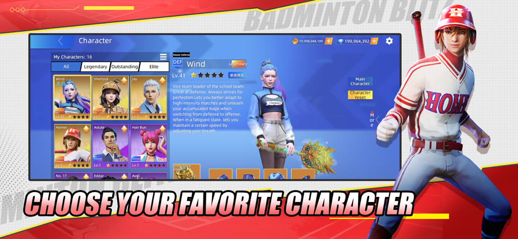 Badminton Blitz - Character selection menu in the Badminton Blitz mobile game showing different playable avatars and legendary characters.